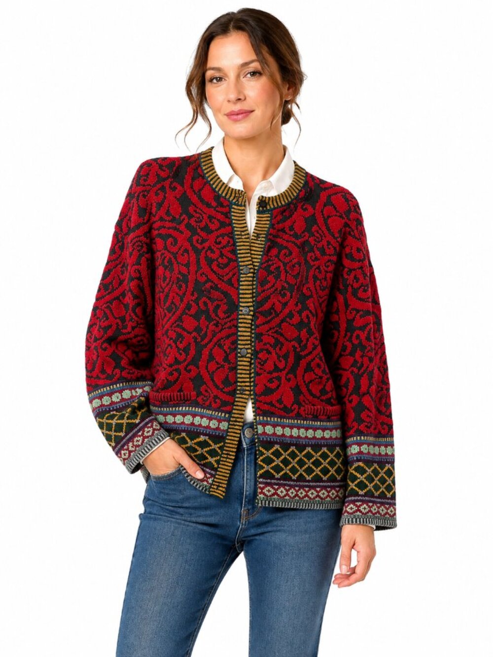 Maggie White Vintage Handmade Wool Cotton Chenille Cardigan Sweater L XL England